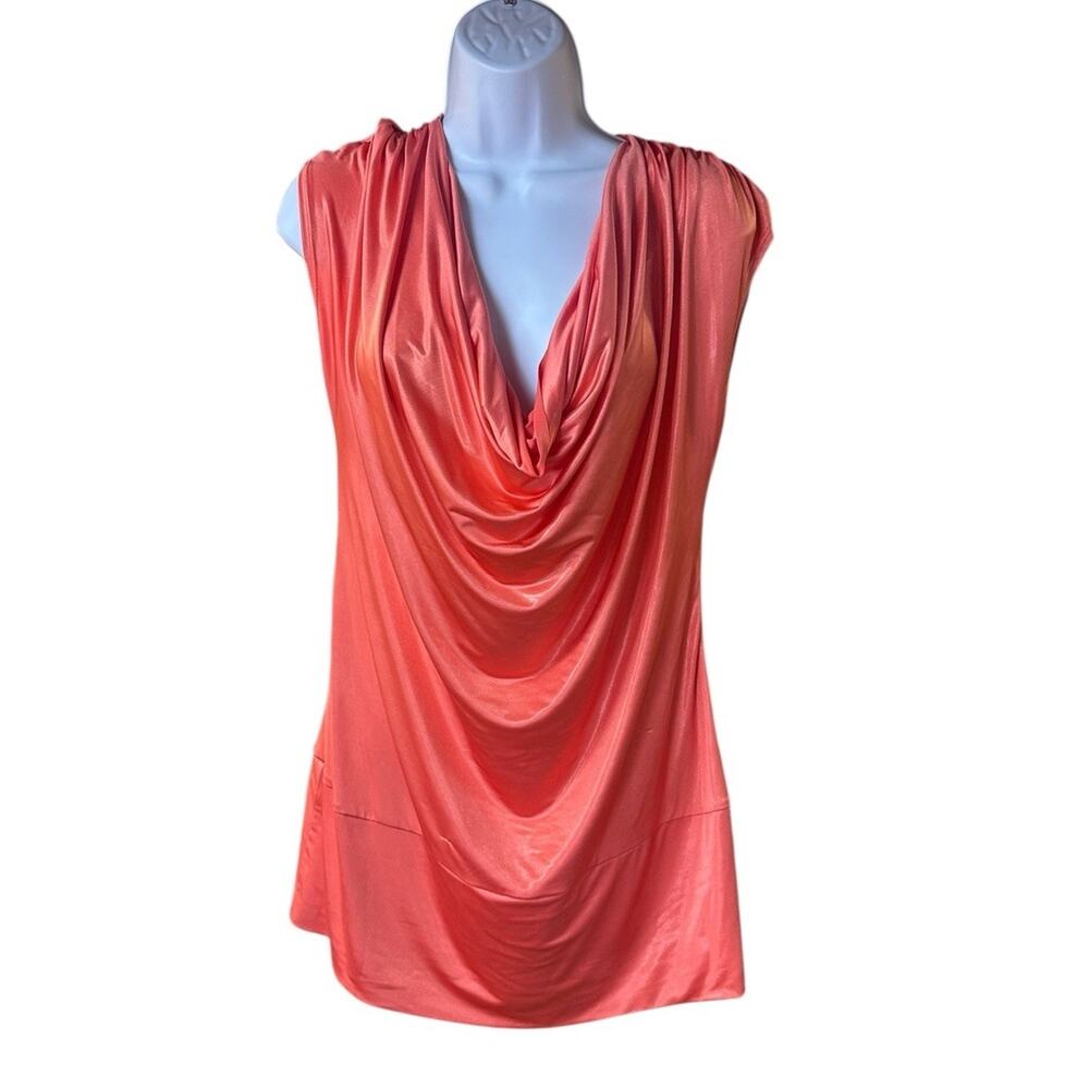 Cache Coral Cowl Neck Cap Sleeve Blouse Tie Back Dressy Size L